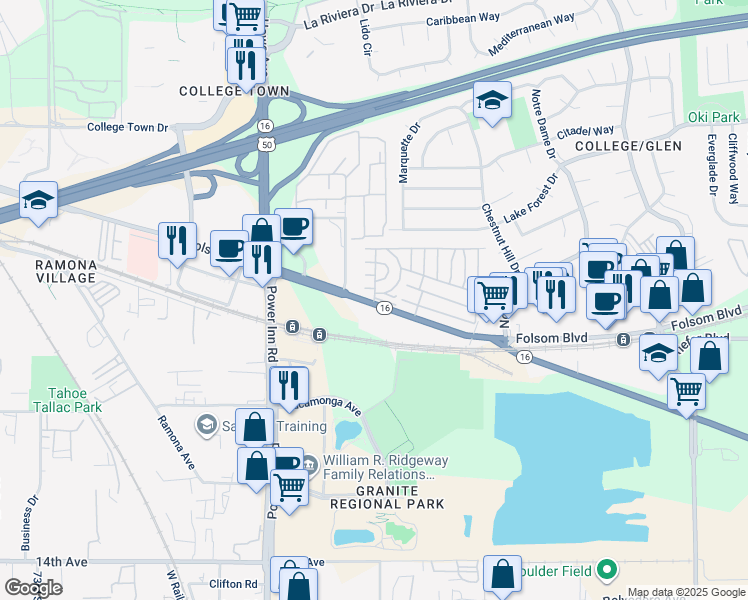 map of restaurants, bars, coffee shops, grocery stores, and more near 8181 Folsom Boulevard in Sacramento
