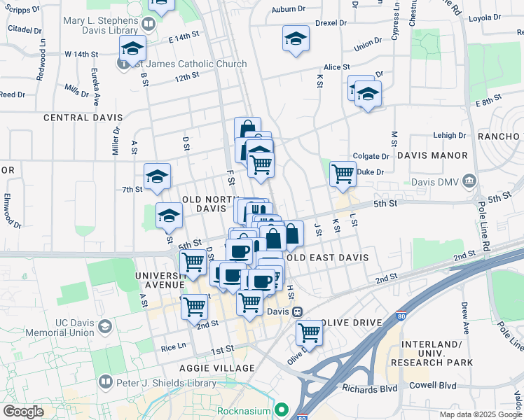 map of restaurants, bars, coffee shops, grocery stores, and more near 526 G Street in Davis