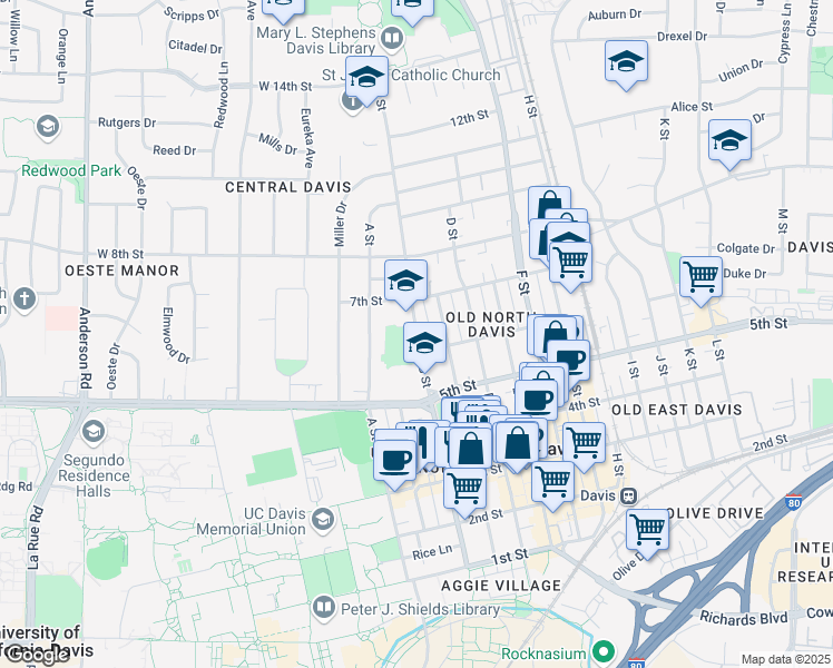 map of restaurants, bars, coffee shops, grocery stores, and more near 635 B Street in Davis