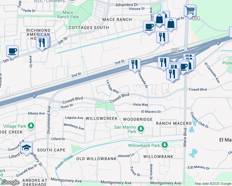 map of restaurants, bars, coffee shops, grocery stores, and more near 313 La Vida Way in Davis
