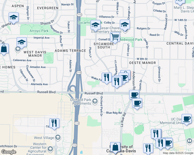 map of restaurants, bars, coffee shops, grocery stores, and more near 1411 Wake Forest Drive in Davis
