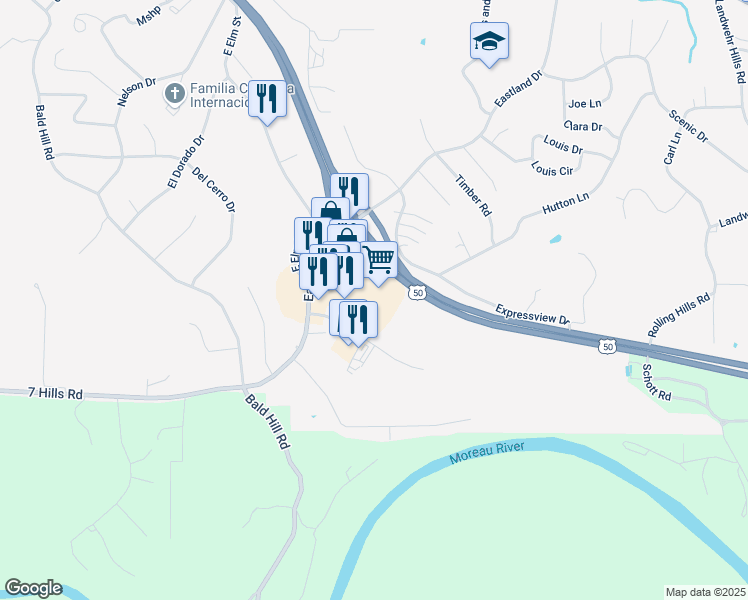 map of restaurants, bars, coffee shops, grocery stores, and more near 2101 Schotthill Woods Drive in Jefferson City
