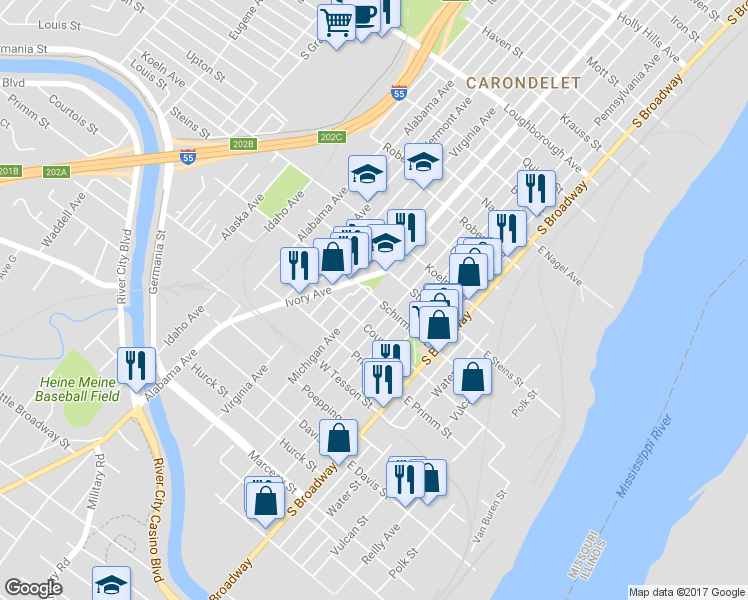 map of restaurants, bars, coffee shops, grocery stores, and more near 7700 Michigan Avenue in St. Louis