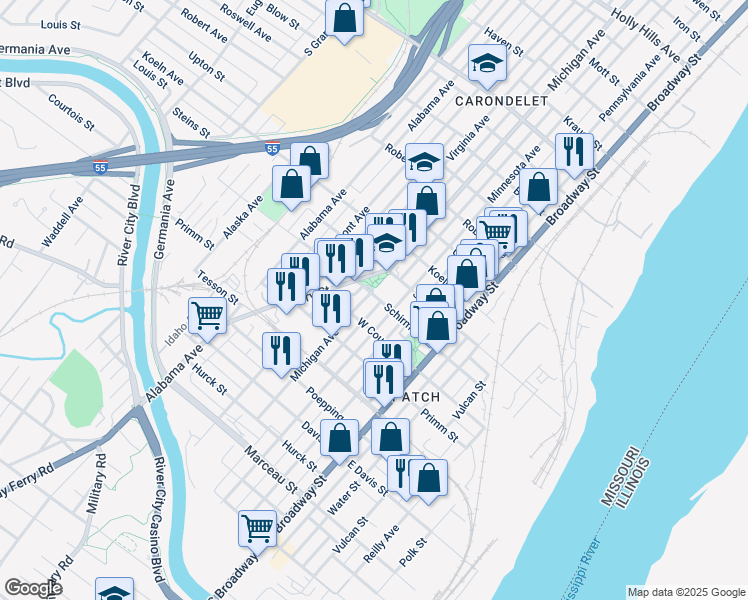map of restaurants, bars, coffee shops, grocery stores, and more near 7700 Michigan Avenue in St. Louis