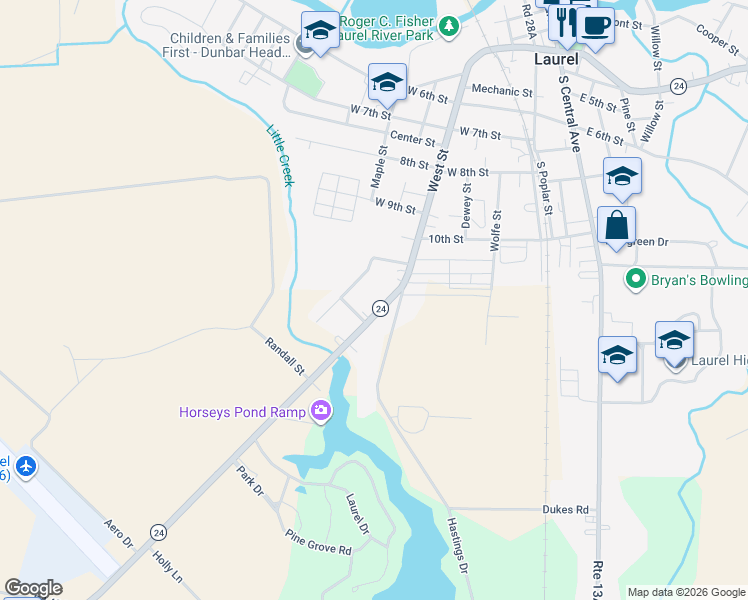 map of restaurants, bars, coffee shops, grocery stores, and more near 9283 Sharptown Road in Laurel