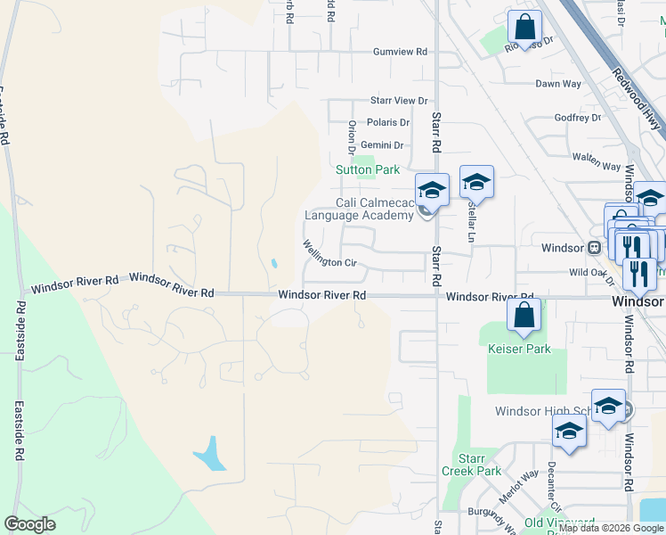 map of restaurants, bars, coffee shops, grocery stores, and more near 9472 Wellington Circle in Windsor