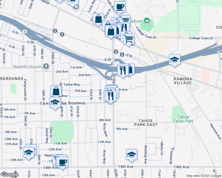 map of restaurants, bars, coffee shops, grocery stores, and more near 2738 65th Street in Sacramento