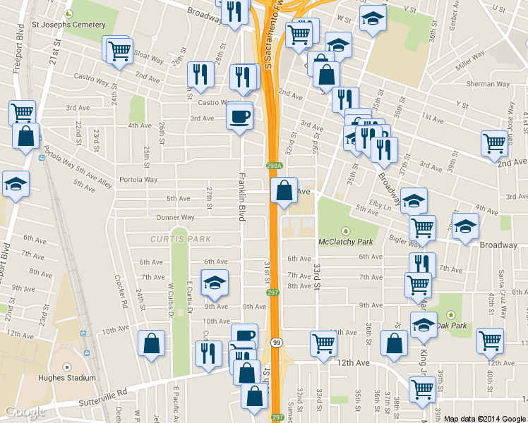 map of restaurants, bars, coffee shops, grocery stores, and more near 3063 Donner Way in Sacramento