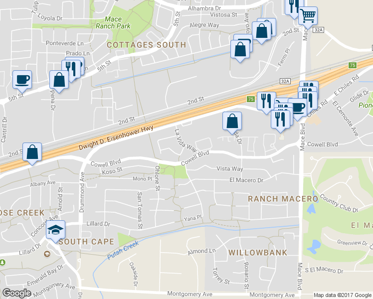 map of restaurants, bars, coffee shops, grocery stores, and more near 313 La Vida Way in Davis