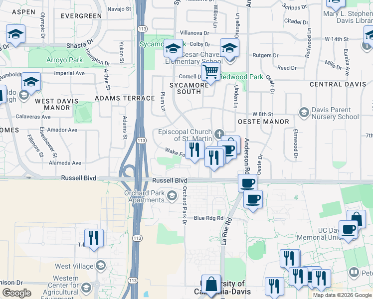 map of restaurants, bars, coffee shops, grocery stores, and more near 1313 Wake Forest Drive in Davis