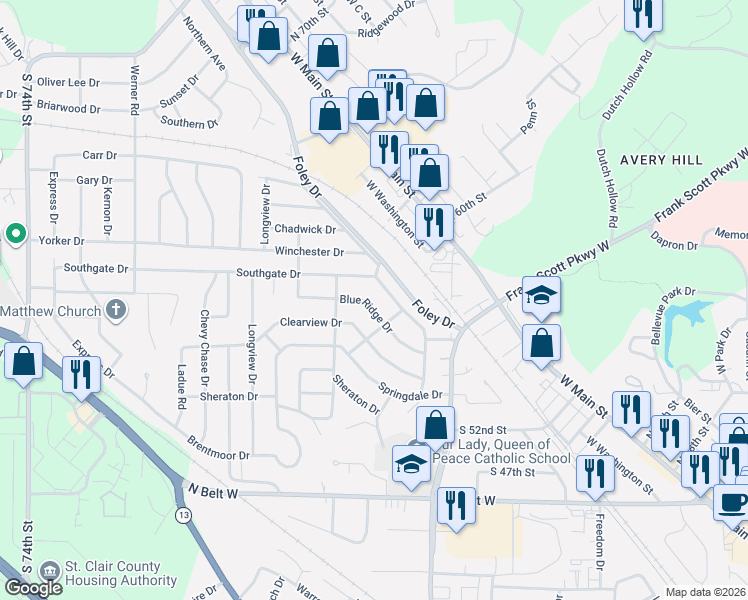 map of restaurants, bars, coffee shops, grocery stores, and more near 208 Southgate Drive in Belleville