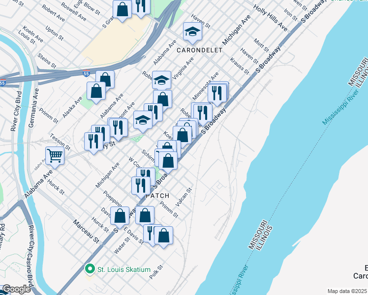 map of restaurants, bars, coffee shops, grocery stores, and more near 7500 Pennsylvania Avenue in St. Louis