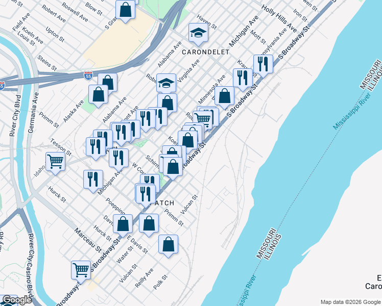map of restaurants, bars, coffee shops, grocery stores, and more near 7411A South Broadway in St. Louis