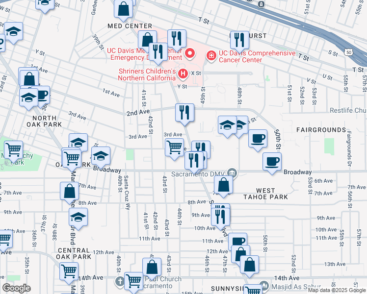 map of restaurants, bars, coffee shops, grocery stores, and more near 4415 4th Avenue in Sacramento