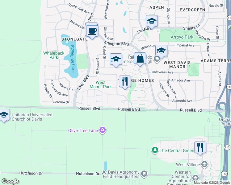 map of restaurants, bars, coffee shops, grocery stores, and more near 2703 Portage Bay East in Davis