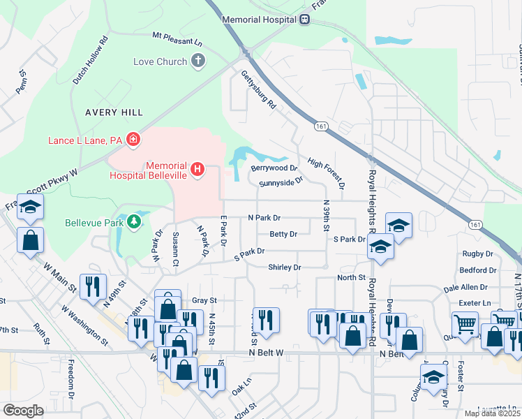 map of restaurants, bars, coffee shops, grocery stores, and more near 704 North 43rd Street in Belleville