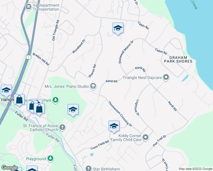 map of restaurants, bars, coffee shops, grocery stores, and more near 18643 Kerill Road in Triangle