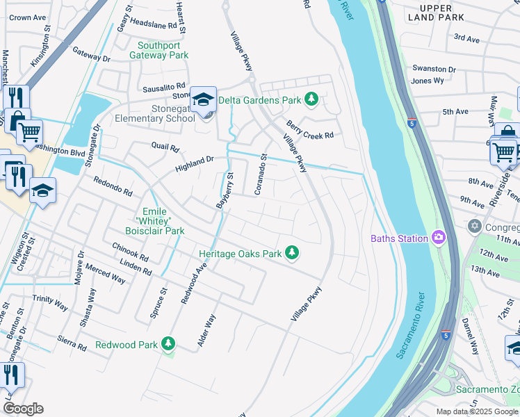map of restaurants, bars, coffee shops, grocery stores, and more near 1526 Bayside Road in West Sacramento