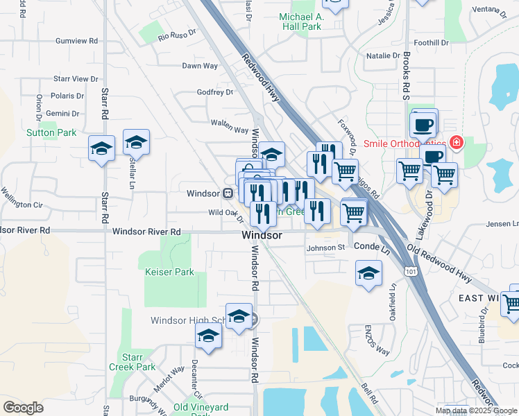 map of restaurants, bars, coffee shops, grocery stores, and more near 1037 McClelland Drive in Windsor