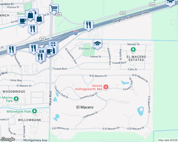 map of restaurants, bars, coffee shops, grocery stores, and more near 5112 El Cemonte Avenue in Davis