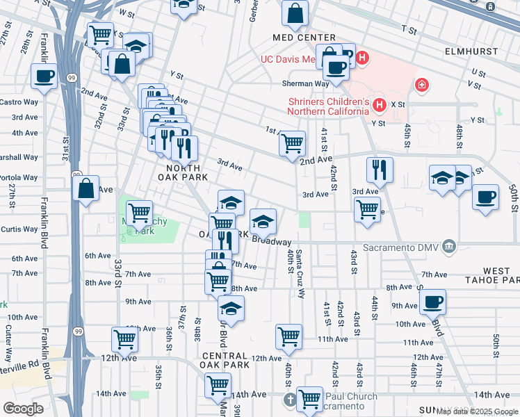 map of restaurants, bars, coffee shops, grocery stores, and more near 2915 39th Street in Sacramento