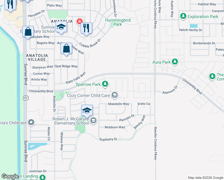 map of restaurants, bars, coffee shops, grocery stores, and more near 11961 Montron Way in Rancho Cordova