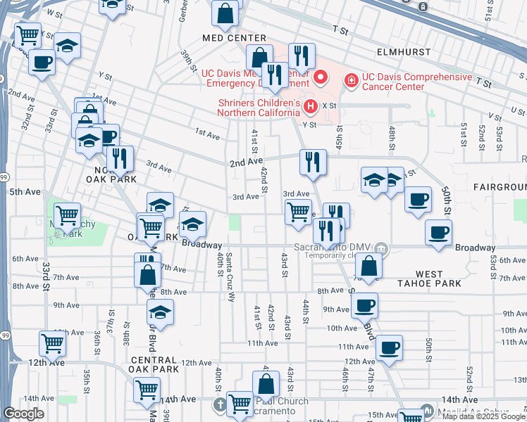 map of restaurants, bars, coffee shops, grocery stores, and more near 4173 4th Avenue in Sacramento