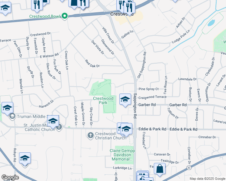map of restaurants, bars, coffee shops, grocery stores, and more near 8967 Lindenhurst Drive in St. Louis