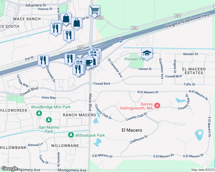map of restaurants, bars, coffee shops, grocery stores, and more near 16-16 Cowell Boulevard in Davis