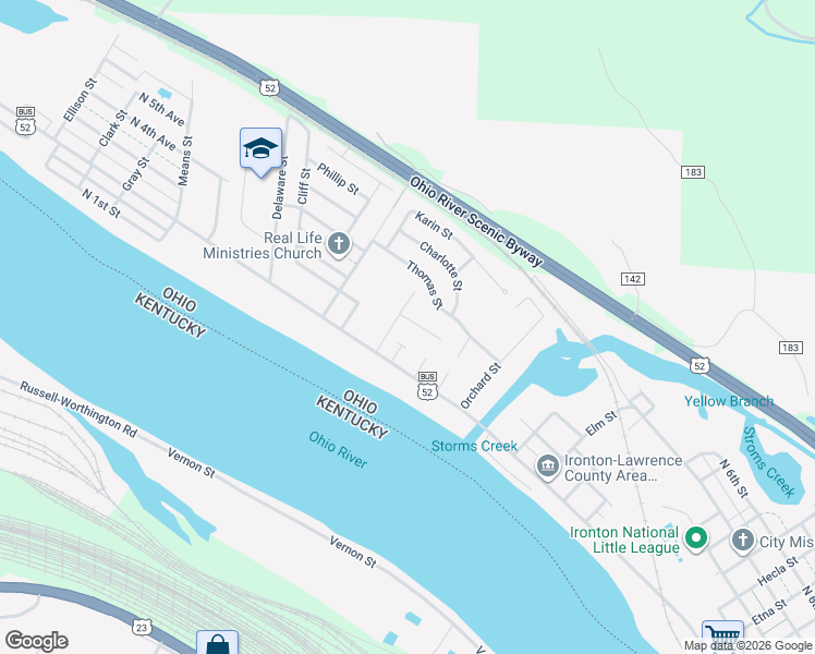 map of restaurants, bars, coffee shops, grocery stores, and more near 1554 Florence Avenue in Ironton