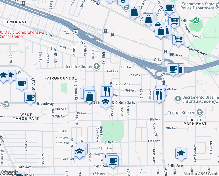 map of restaurants, bars, coffee shops, grocery stores, and more near 2750 60th Street in Sacramento