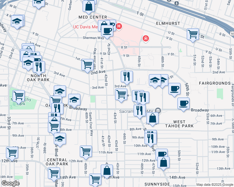 map of restaurants, bars, coffee shops, grocery stores, and more near 4315 4th Avenue in Sacramento