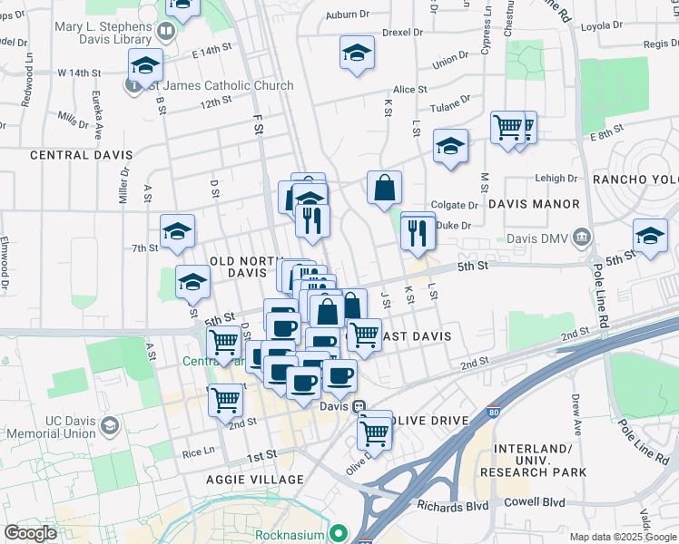 map of restaurants, bars, coffee shops, grocery stores, and more near 525 Rowe Place in Davis