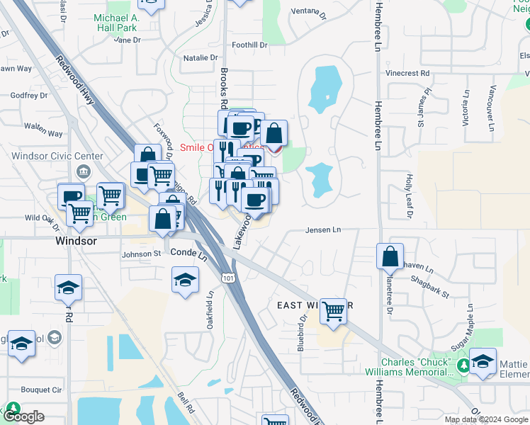map of restaurants, bars, coffee shops, grocery stores, and more near 8840 Lakewood Drive in Windsor