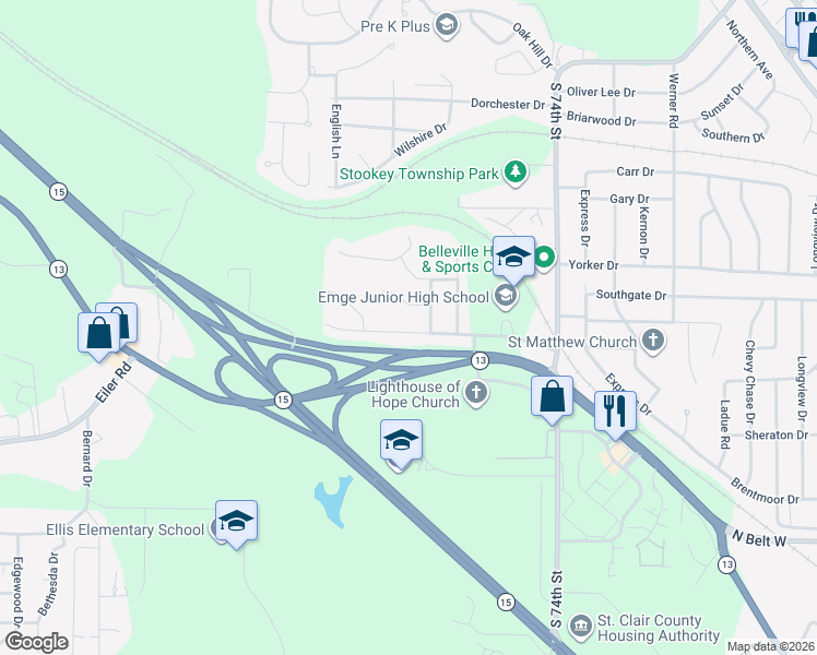 map of restaurants, bars, coffee shops, grocery stores, and more near 7625 Westchester Drive in Belleville