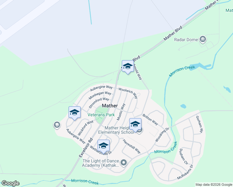 map of restaurants, bars, coffee shops, grocery stores, and more near 4455 Excelsior Road in Sacramento County