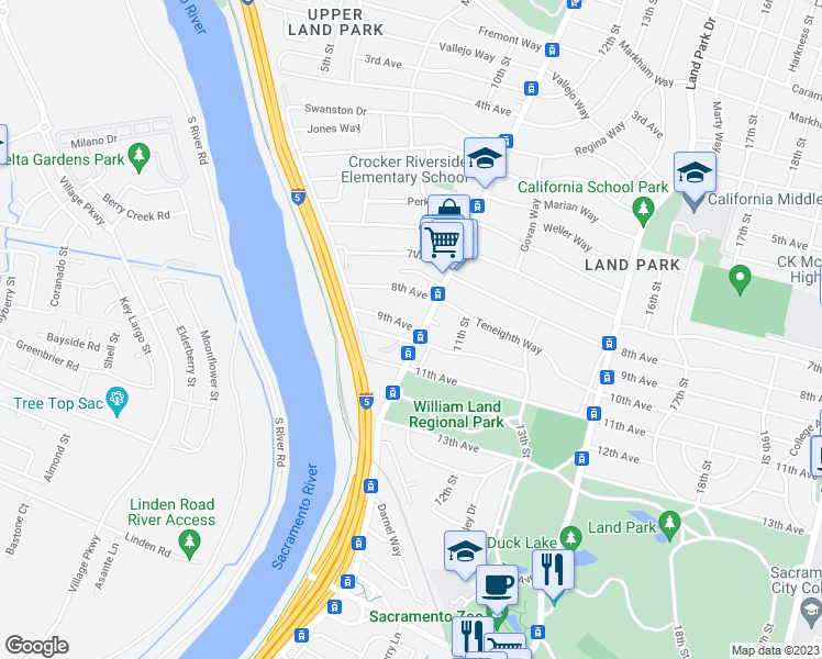 map of restaurants, bars, coffee shops, grocery stores, and more near 1000 9th Ave in Sacramento