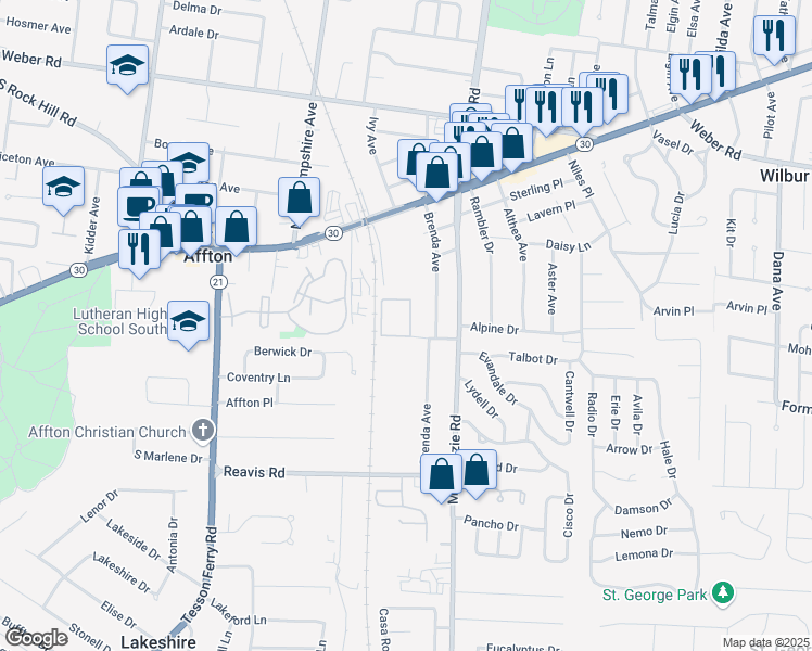 map of restaurants, bars, coffee shops, grocery stores, and more near 9349 Fairhurst Drive in Affton