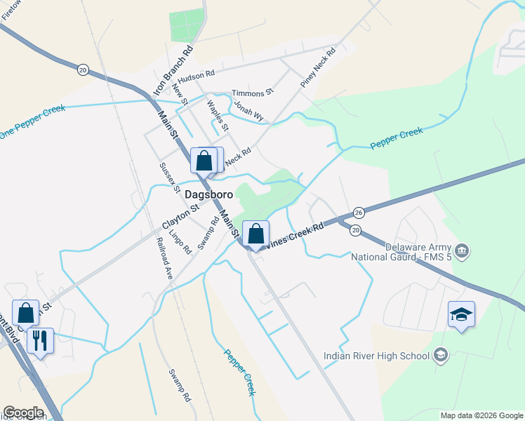 map of restaurants, bars, coffee shops, grocery stores, and more near 29206 Shady Creek Lane in Dagsboro