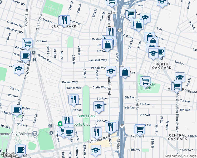 map of restaurants, bars, coffee shops, grocery stores, and more near 3025 27th Street in Sacramento