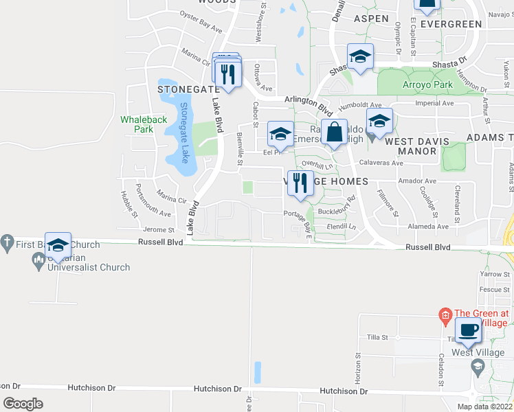 map of restaurants, bars, coffee shops, grocery stores, and more near 2745 Portage Bay East in Davis