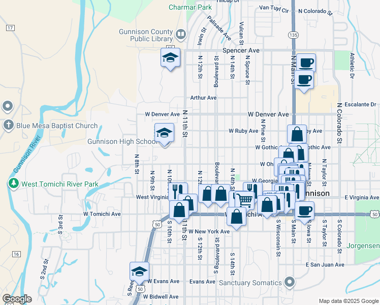 map of restaurants, bars, coffee shops, grocery stores, and more near 419 North 12th Street in Gunnison