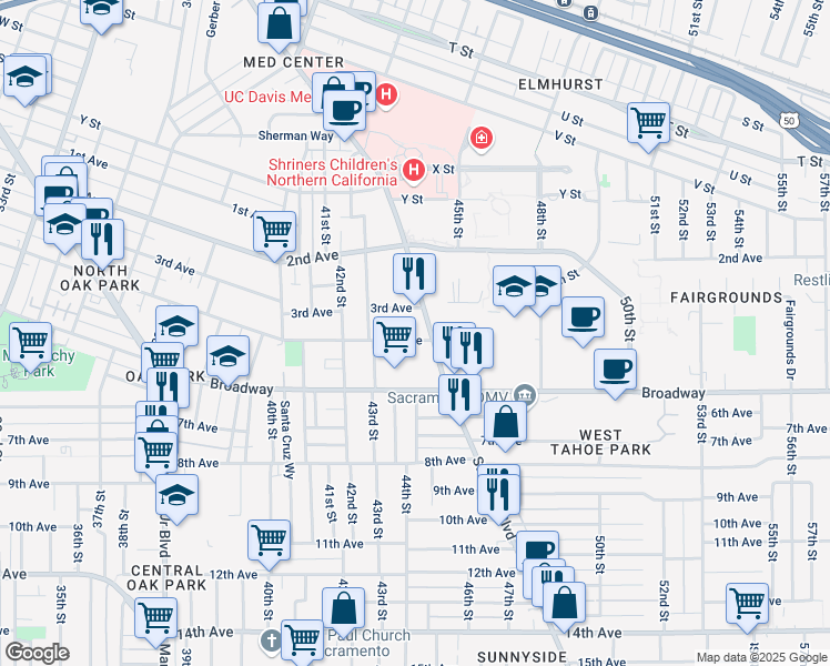 map of restaurants, bars, coffee shops, grocery stores, and more near 4415 4th Avenue in Sacramento