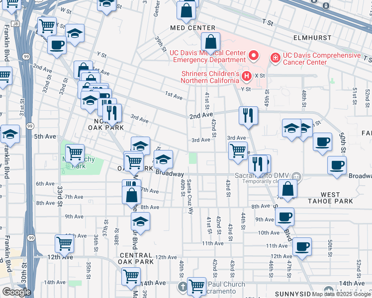 map of restaurants, bars, coffee shops, grocery stores, and more near 3987 4th Avenue in Sacramento