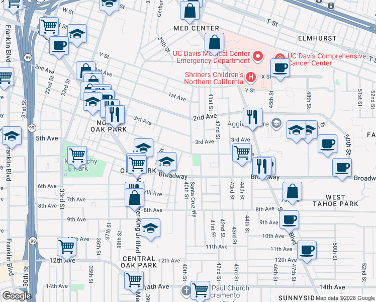 map of restaurants, bars, coffee shops, grocery stores, and more near 3987 4th Avenue in Sacramento