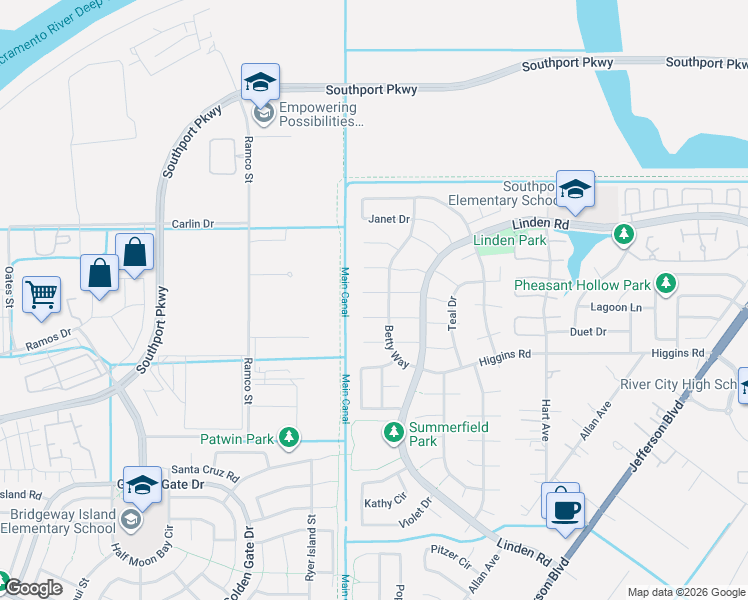 map of restaurants, bars, coffee shops, grocery stores, and more near 2946 Denise Court in West Sacramento