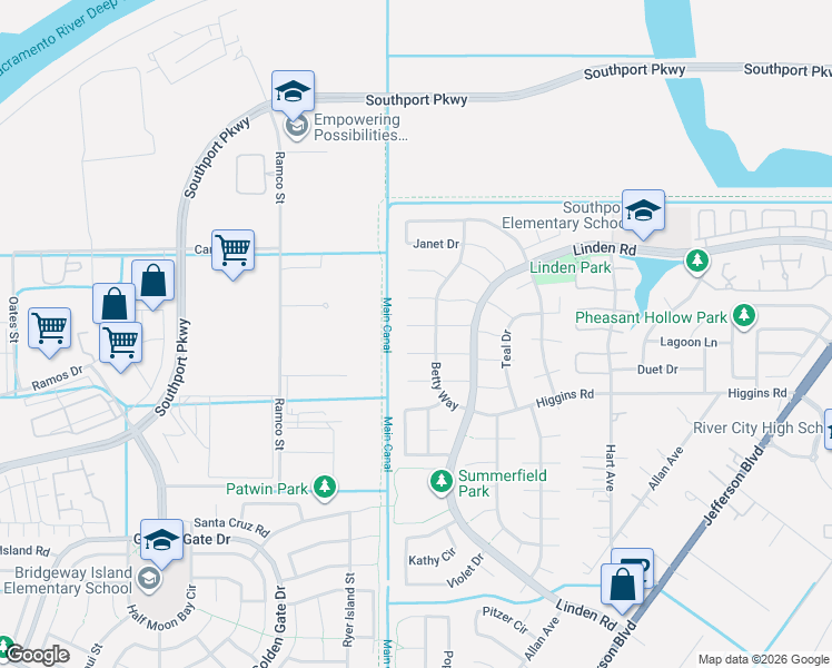 map of restaurants, bars, coffee shops, grocery stores, and more near 2946 Denise Court in West Sacramento