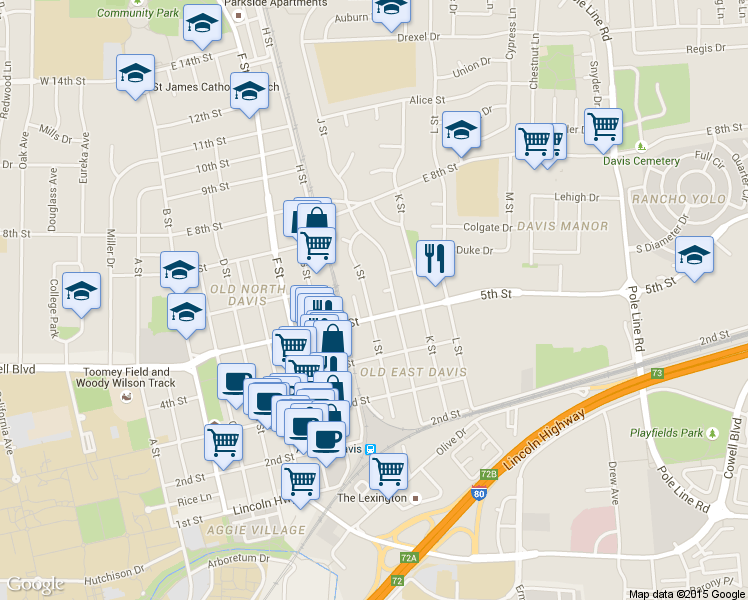 map of restaurants, bars, coffee shops, grocery stores, and more near 519 J Street in Davis