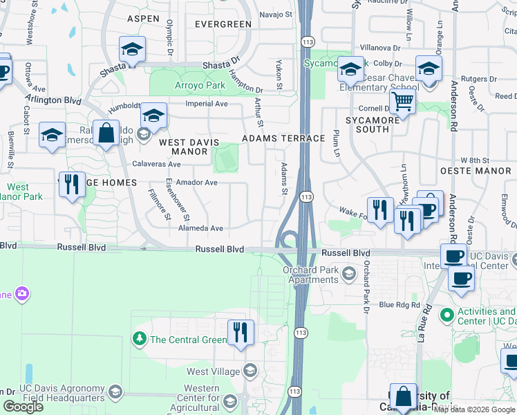 map of restaurants, bars, coffee shops, grocery stores, and more near 610 Buchanan Street in Davis