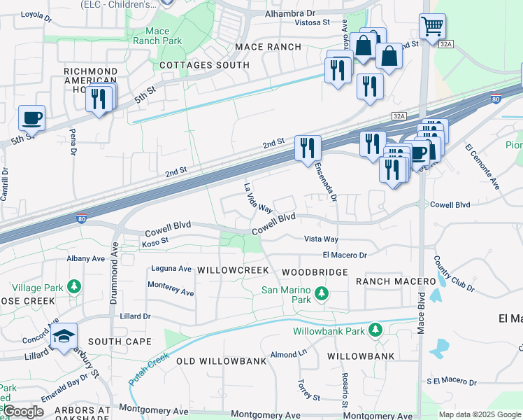 map of restaurants, bars, coffee shops, grocery stores, and more near 307 La Vida Way in Davis